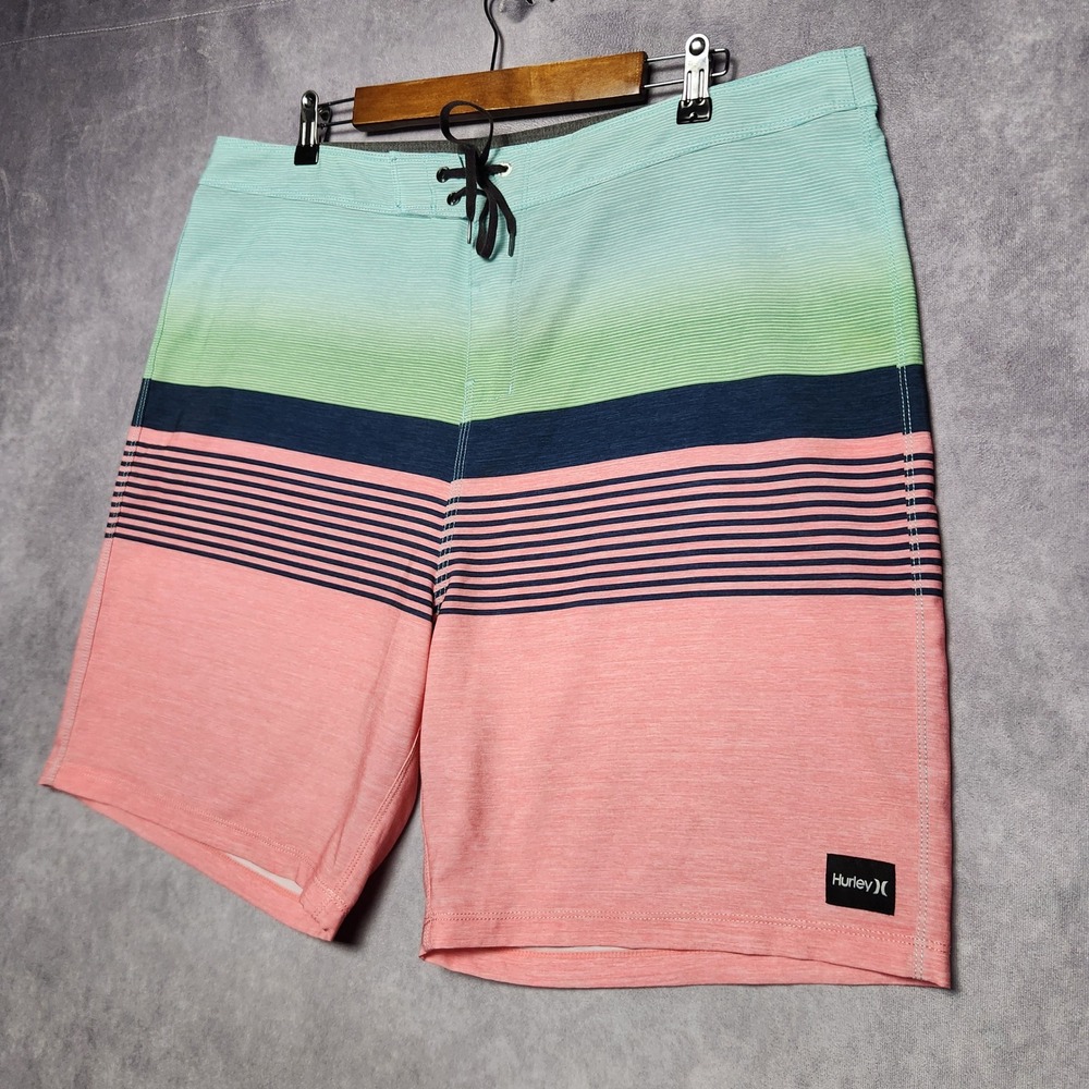 Hurley Mens Board Shorts Size 38 Striped Colorblock Swim Trunks MES0011040